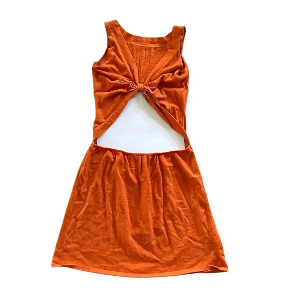 Cotton Cashmere Blend Front Knot Cut Out Sweater Dress Orange Small - Picture 1 of 5